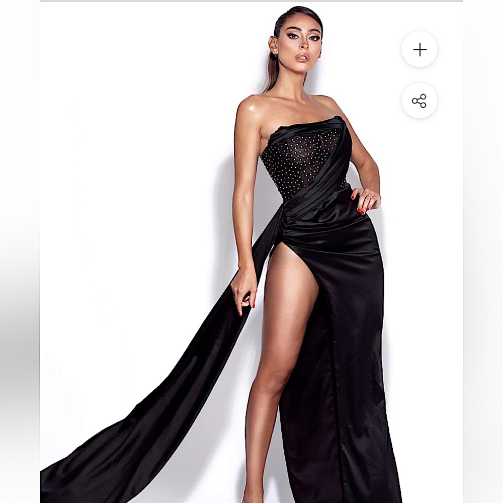 Holly Black Crystallized Corset High Slit Satin Gown